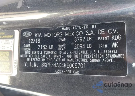 2019 Kia Forte S z USA, uszkodzony, nr VIN 3KPF34AD4KE069701